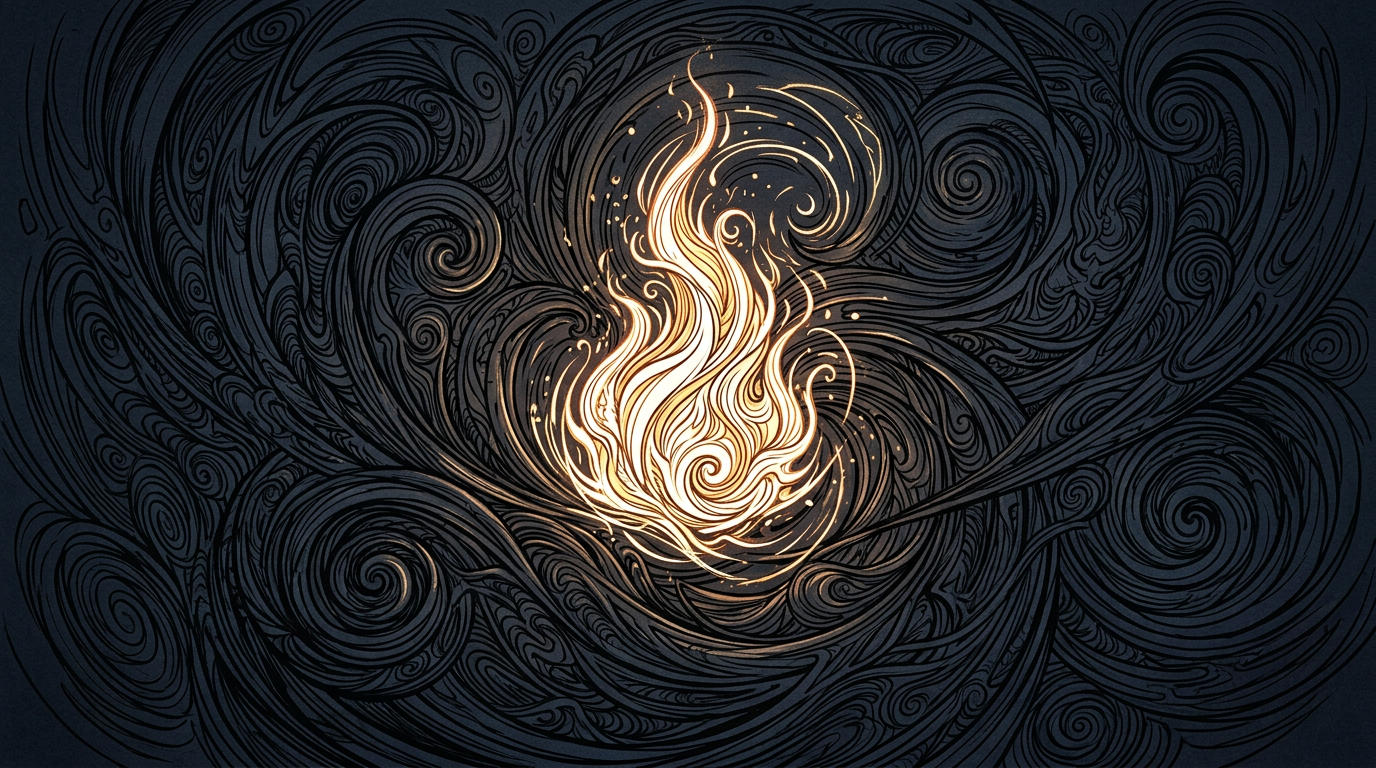 Bright stylized fire swirling in dark intricate smoke patterns